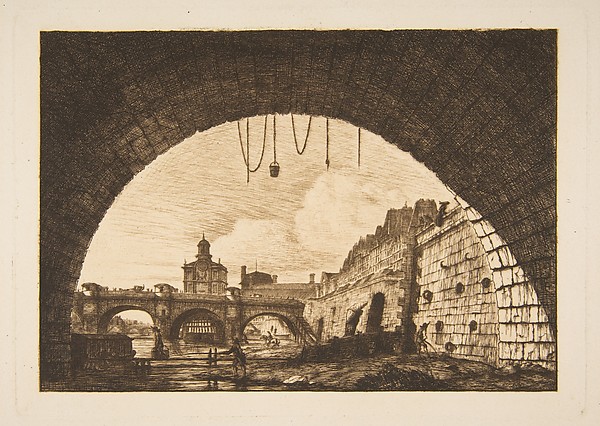 Charles Meryon, Le Pont-neuf et la Samartaine de dessous la première arche du Pont-au-Change (Pont-neuf and the Samartaine seen from under the first arch of the Pont-au-Change, Paris, after Nicolle)