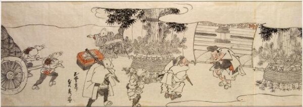 Utagawa Sadahide, Daikoku and rats bringing rice bales to Ebisu