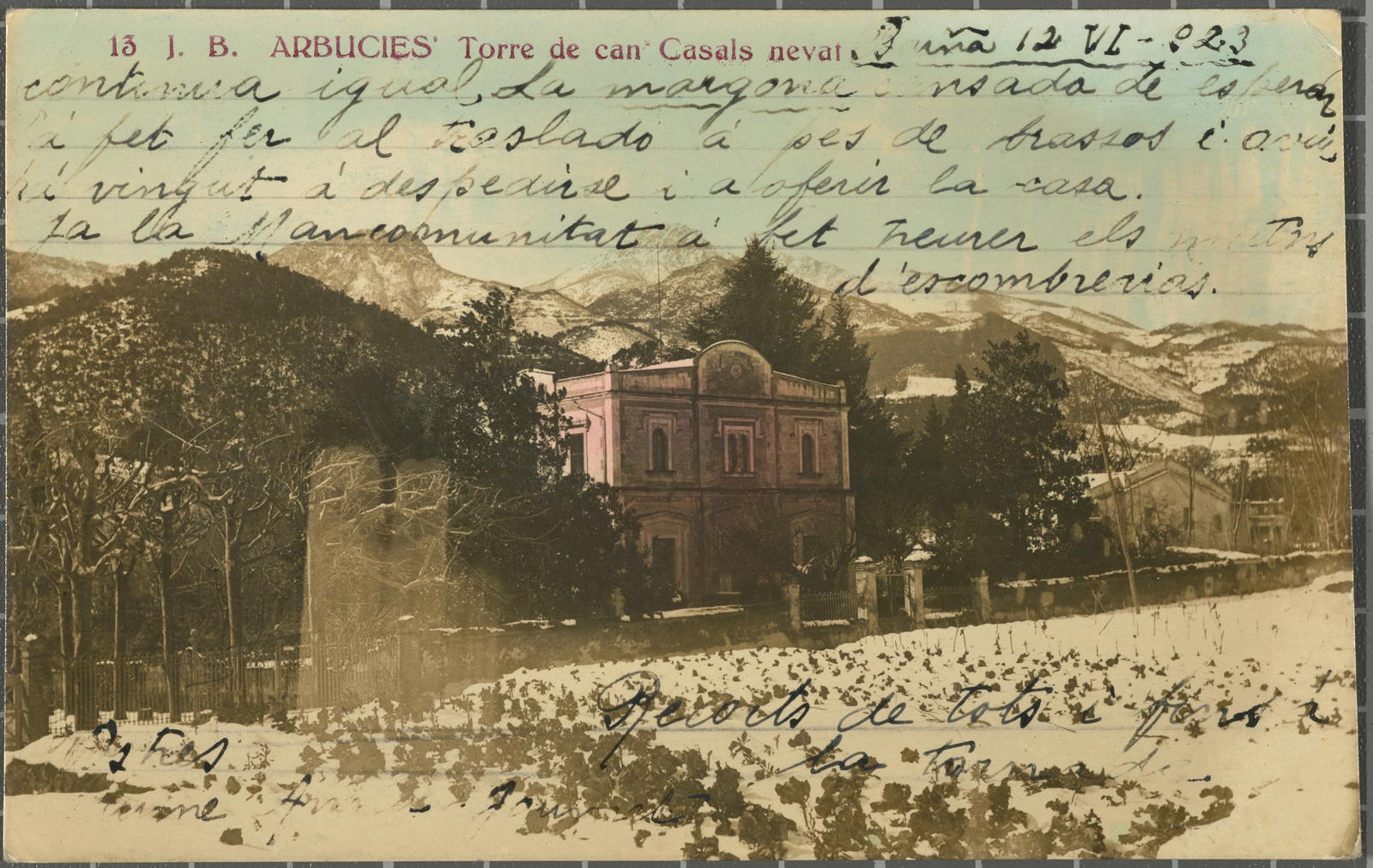 Desconegut, 13 J. B. Arbucies Tower of Can Casals snowy