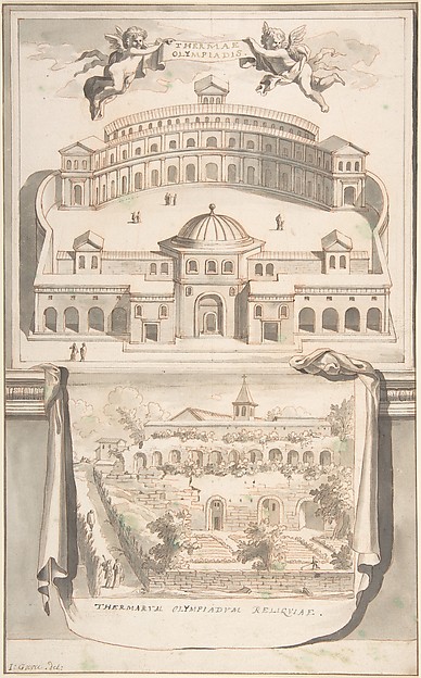 Jan Goeree, Reconstruction of the Thermae Olympiadis (above) and View of the Ruins (below)