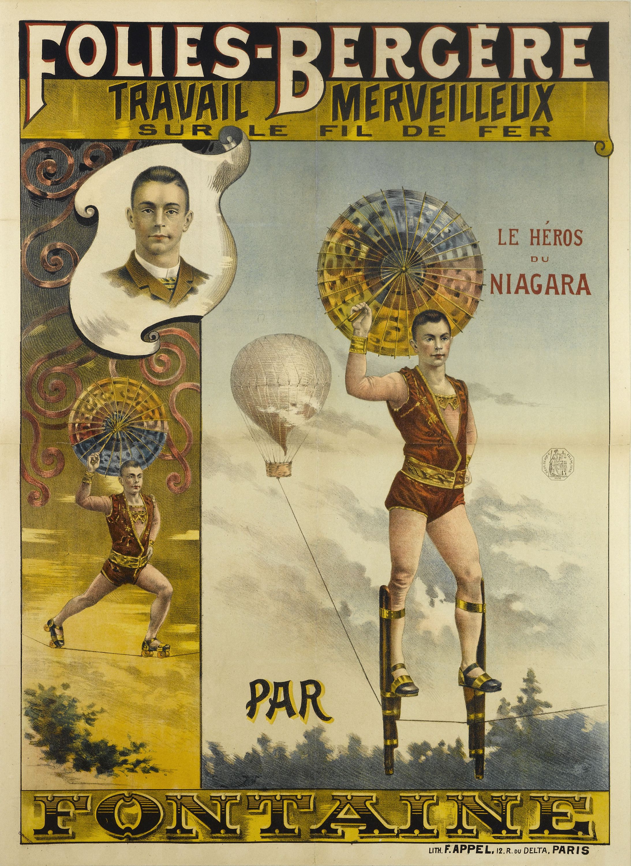 Anonyme, FOLIES-BERGERE/ TRAVAIL MERVEILLEUX/ SUR LE FIL DE FER/ LE HEROS/ DU/ NIAGARA/ PAR/ FONTAINE