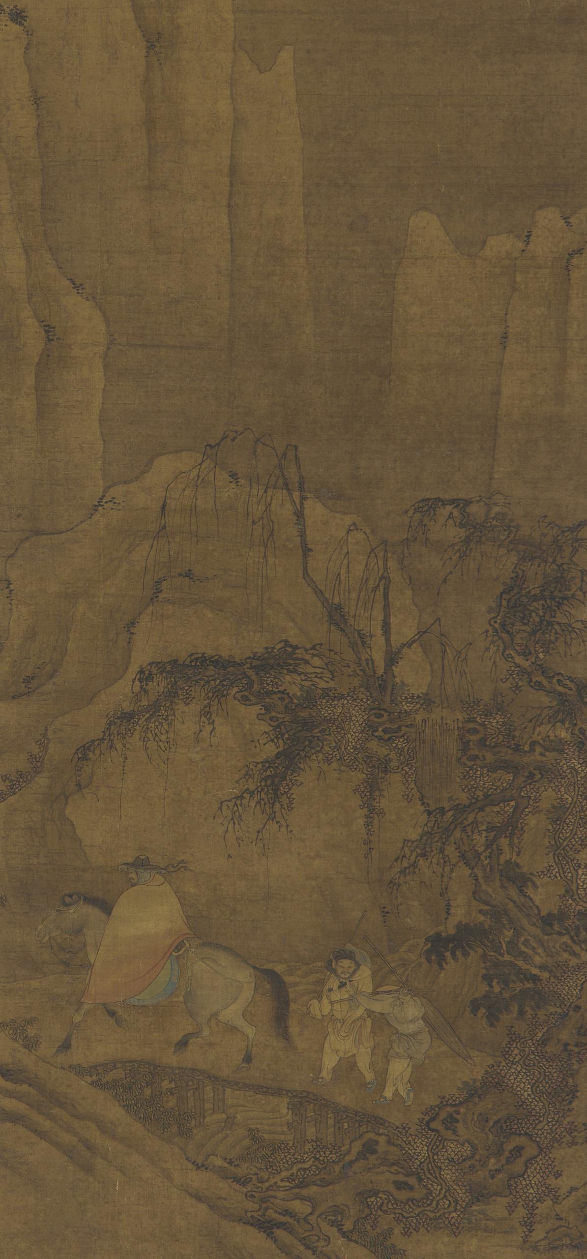 Formerly attributed to Zhou Wenju, A traveler on horseback with attendants