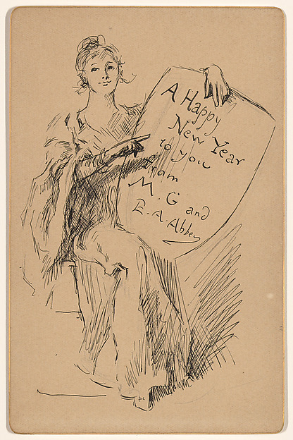 Edwin Austin Abbey, Seated Woman Holding a Shield: A Happy New Year to you from M. G. and E. A. Abbey