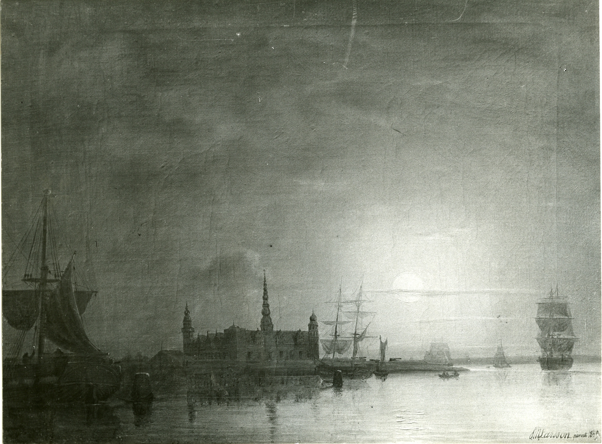 Okänd fotograf, Kronborgs slott i månsken. Oljemålning 1849. Storlek 36 x 48 cm.