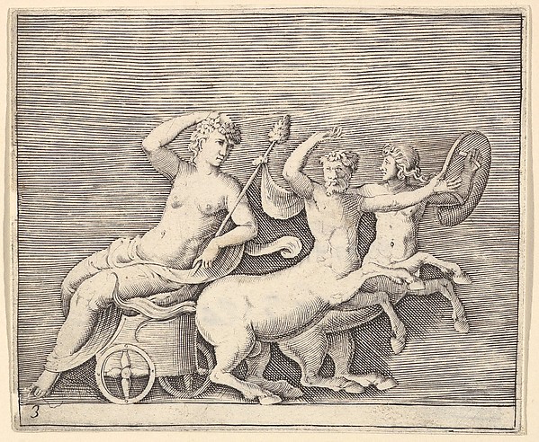 Anonymous, Italian, 16th century, Reclining Female Figure on a Chariot drawn by Two Centaurs, from "Ex Antiquis Cameorum et Gemmae Delineata/ Liber Secundus/et ab Enea Vico Parmen Incis"