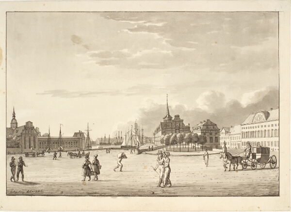 C.W. Eckersberg, Slotspladsen i København med Holmens kirke, Børsen, den nu forsvundne bank og kancellibygning ("Den røde bygning")