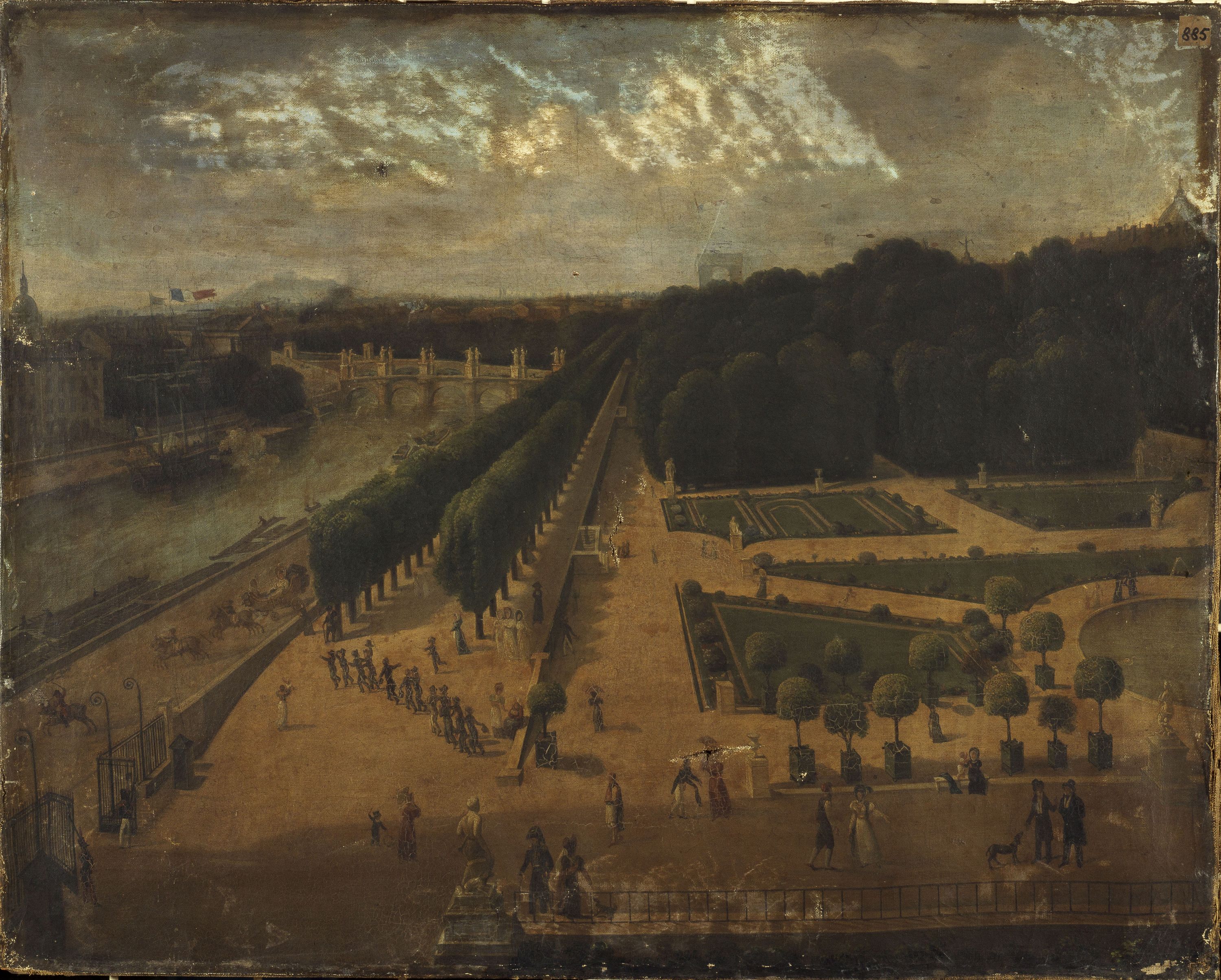 Anonyme, Le jardin des Tuileries, vu du pavillon de Flore, vers 1830, actuel 1er arrondissement.