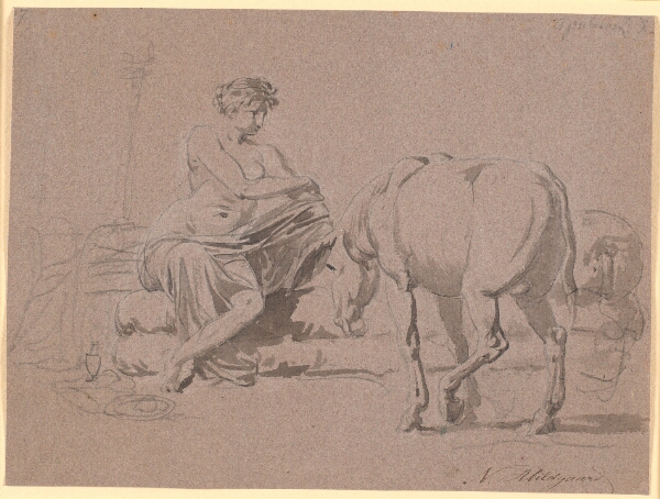 Nicolai Abildgaard, Scene af Apuleus' "Det gyldne æsel" 10.bog. Den unge pige afklæder sig, til højre står æslet