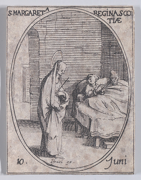 Jacques Callot, Ste. Marguerite, Reine de Écosse (St. Margaret, Queen of Scotland), June 10th, from "Les Images De Tous Les Saincts et Saintes de L'Année" (Images of All of the Saints and Religious Events of the Year)