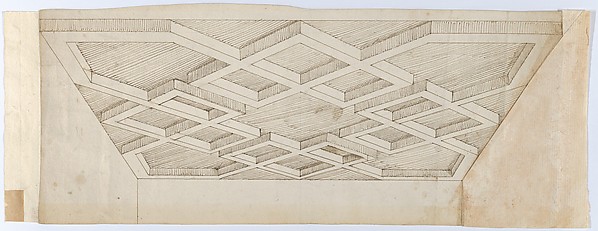 Anonymous, Italian, 16th century, Three Design for Ornament & Architecture: Perspectival Rendering of a Ceiling; Two Sheets of Rocaille Designs