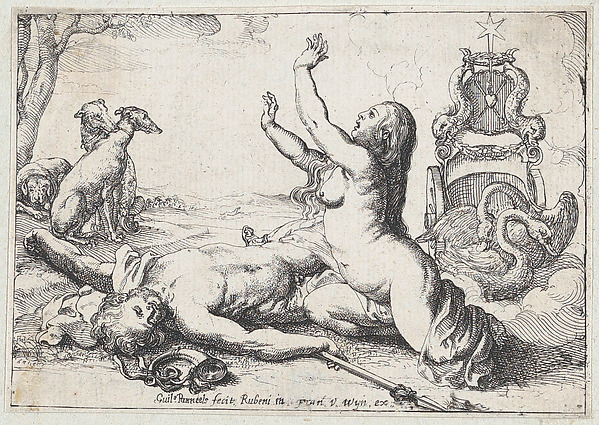 Willem Panneels, Venus mourning Adonis, who lies on the ground at left with his dogs behind him