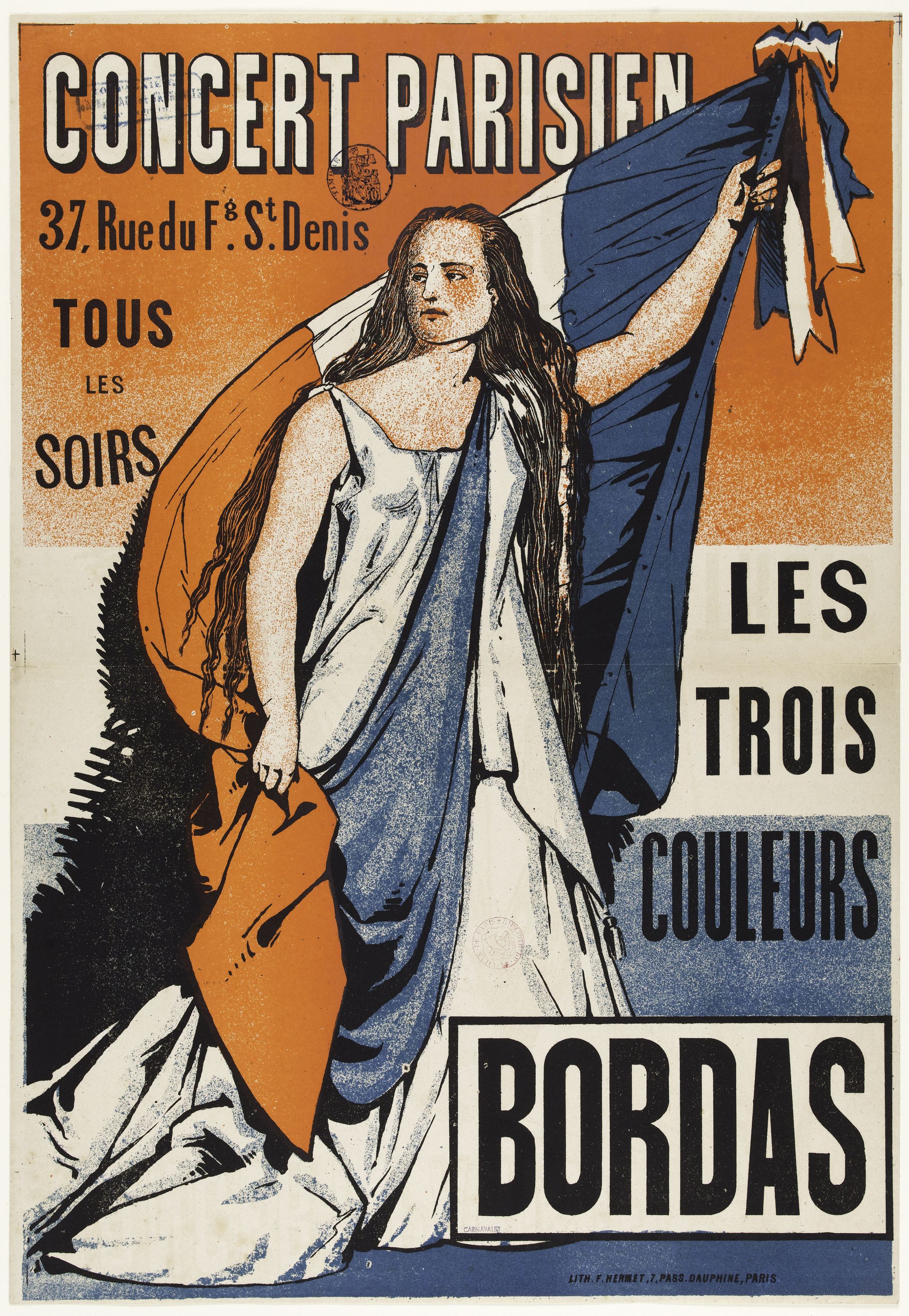 Anonyme, CONCERT PARISIEN/ 37, Rue du Fg. St. Denis/ TOUS/ LES/ SOIRS/ LES/ TROIS/ COULEURS/ BORDAS