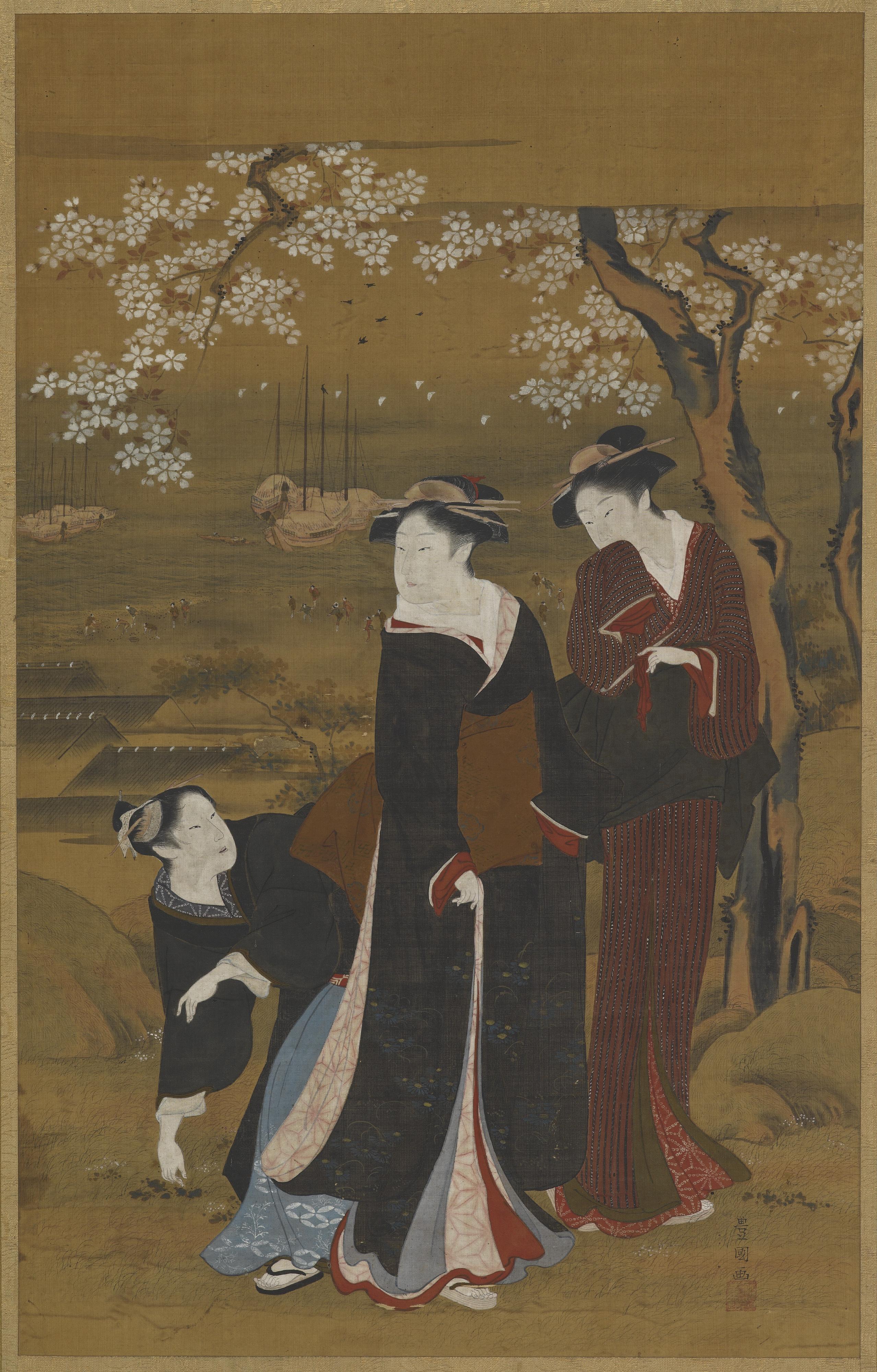 Utagawa Toyokuni I, Three women under a flowering cherry tree at the seashore