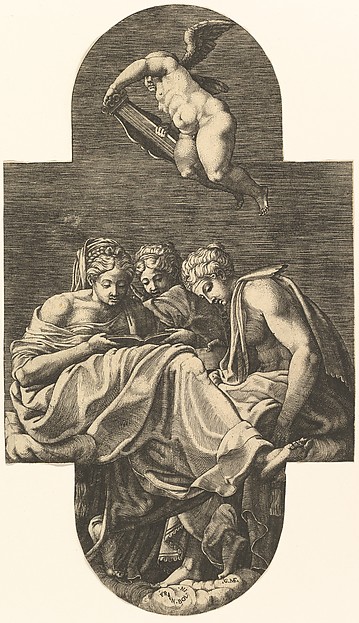 Giorgio Ghisi, Three Muses and a putto above with a lyre, from a series of eight compositions after Francesco Primaticcio's designs for the ceiling of the Ulysses Gallery (destroyed 1738-39) at Fontainebleau