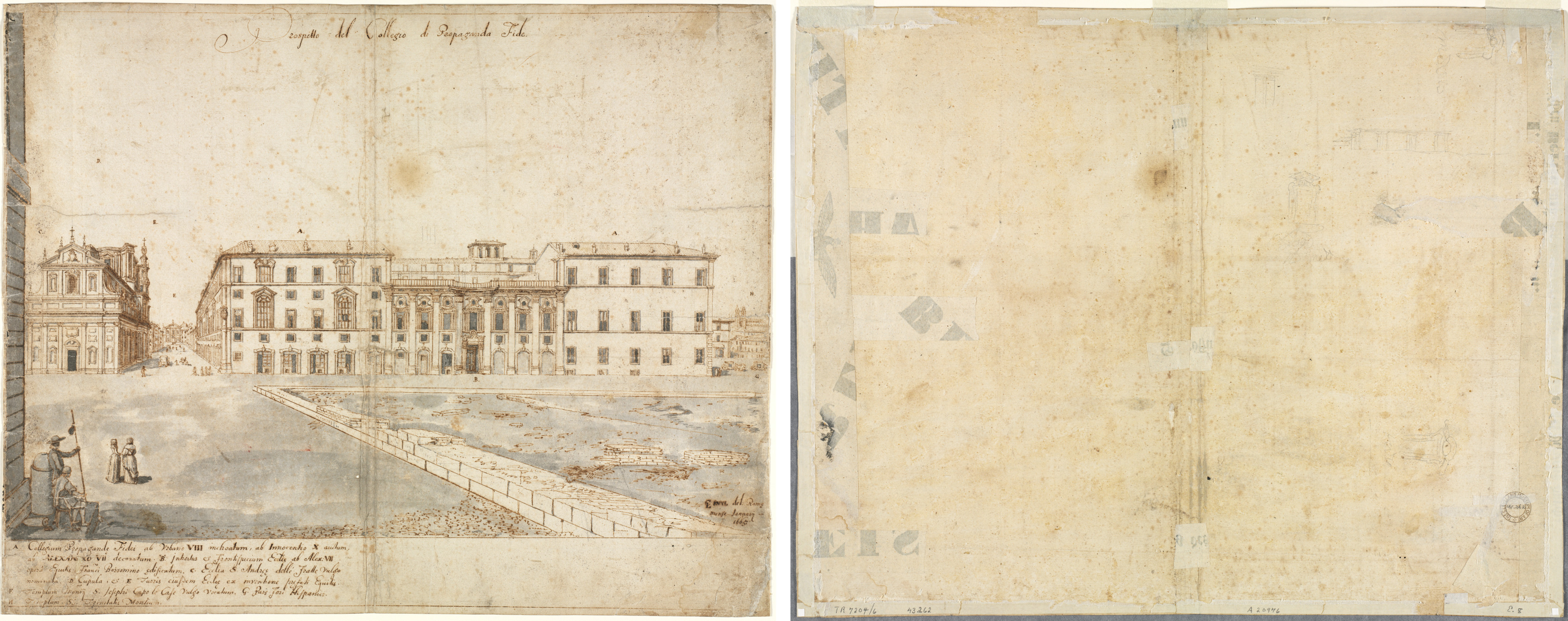 Lievin Cruyl, Eighteen Views of Rome: The Collegio di Propaganda Fide (recto); Sketches of Windows and Pilasters of the Attic Storey of the Collegio di Propaganda Fide (verso)