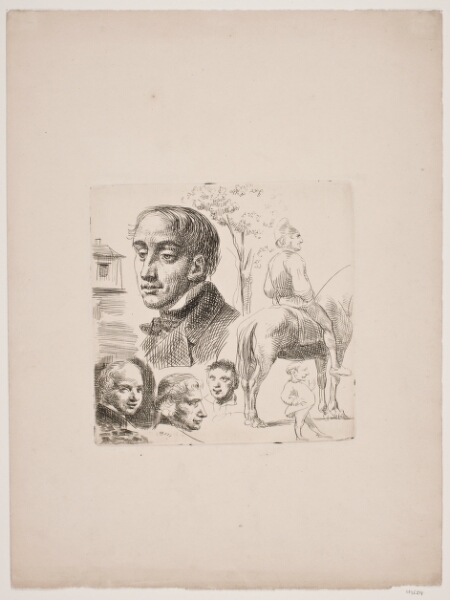 Wilhelm Marstrand, Prøveblad i stylografi med portræthoveder, bonde til hest m.m.