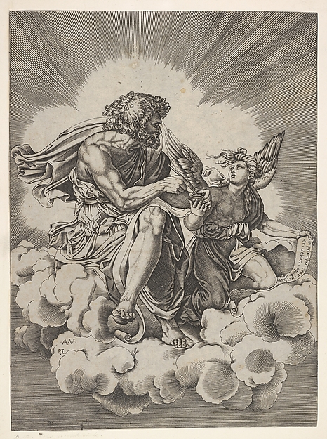 Anonymous, Italian, 16th century, St. Matthew, seated on a cloud with legs crossed and dipping a quill into an inkwell held by an angel, who also holds an inscribed scroll, from a series of the four evangelists after Agostino Veneziano, which are in turn after Giulio Romano
