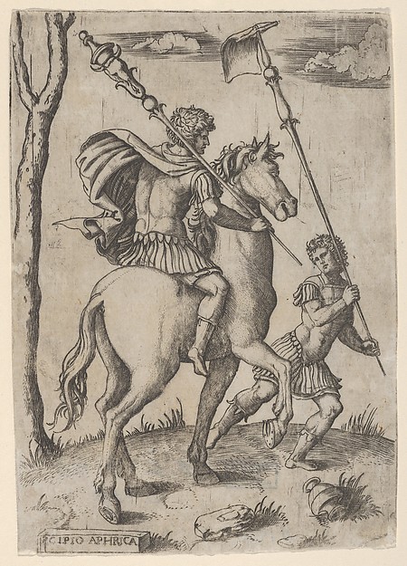 Marcantonio Raimondi, Scipio Africanus on horseback preceeded by a foot soldier holding a standard