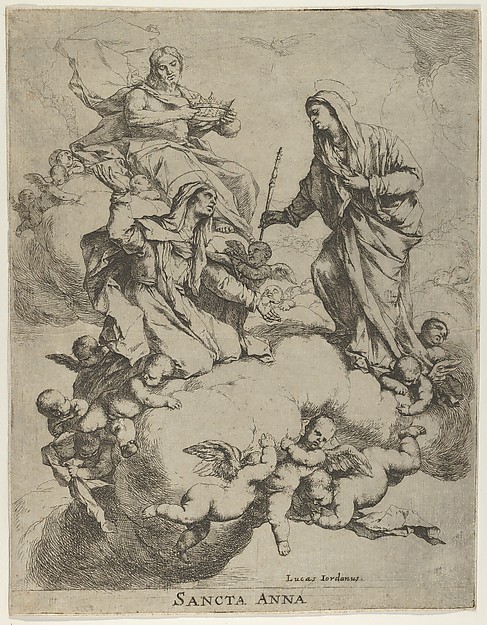 Luca Giordano, Christ holding a crown upper left, at right the Virgin receiving Saint  Anne in Heaven