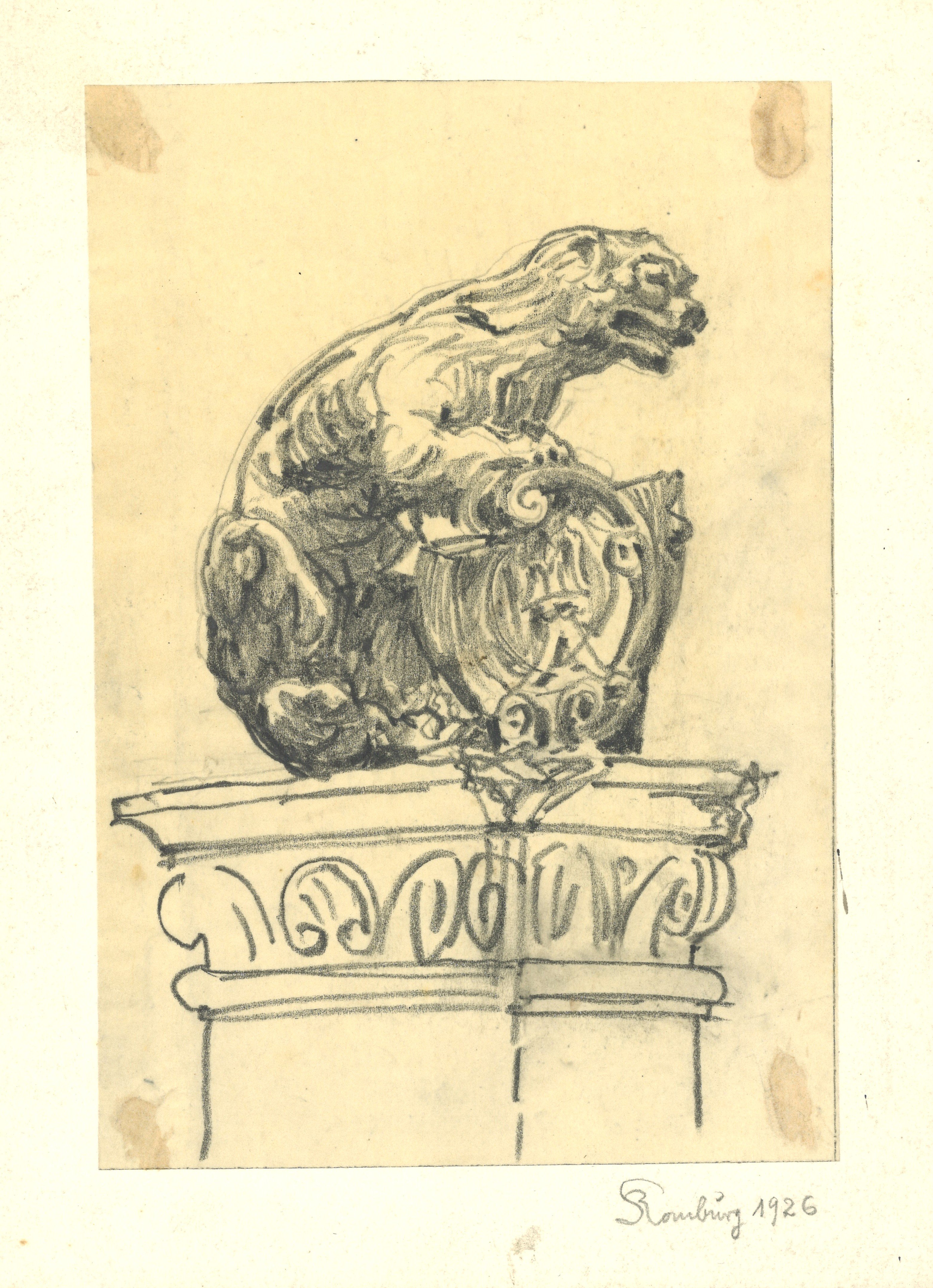 Otto Stiehl, Comburg bei Schwäbisch Hall (Württemberg): Skulptur eines Löwen als Kartuschenhalter (von links)