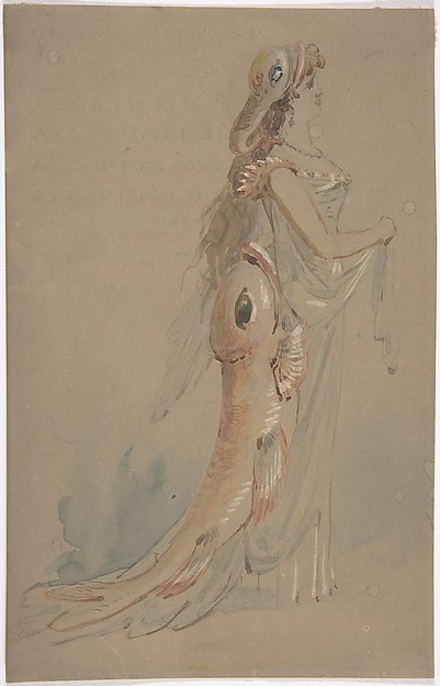 Anonymous, British, 19th century, Woman Wearing a Costume Whose Bustle and Headdress are the Shape of Fishes