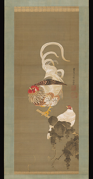 Itō Jakuchū, Hen and Rooster with Grapevine
