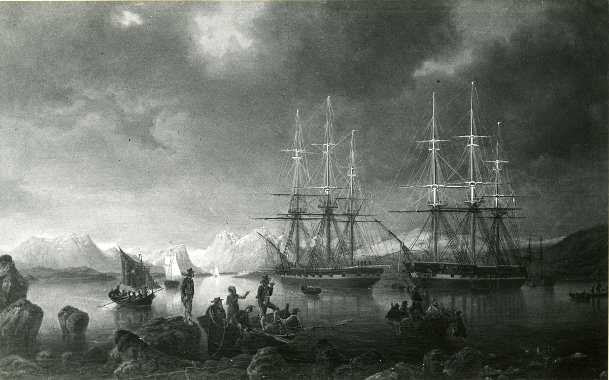 Okänd fotograf, Fregatten Josephine och Korvetten Lagerbielke vid Dusevik i Norge. Oljemålning 1852. Storlek 96 x 151 cm.