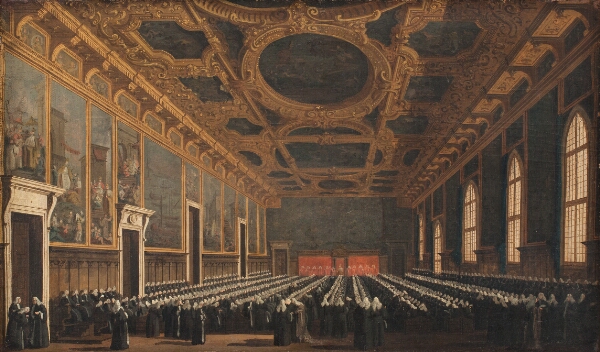 Canaletto, Dogen og det store råd forsamlede i Sala del consiglio maggior i Dogepaladset