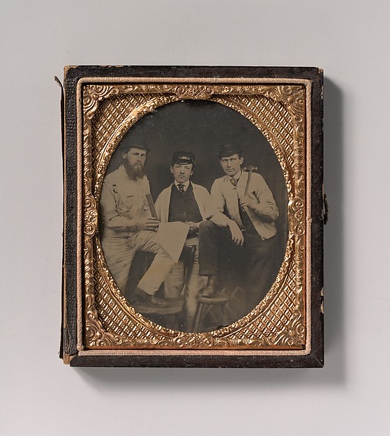 Unknown, [Three Carpenters, Standing, Holding a Ruler, Hammer, and Sheet of Paper]