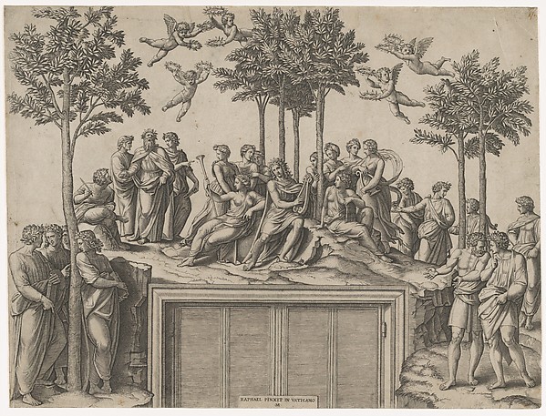 Marcantonio Raimondi, Apollo sitting on Parnassus surrounded by the muses and famous poets