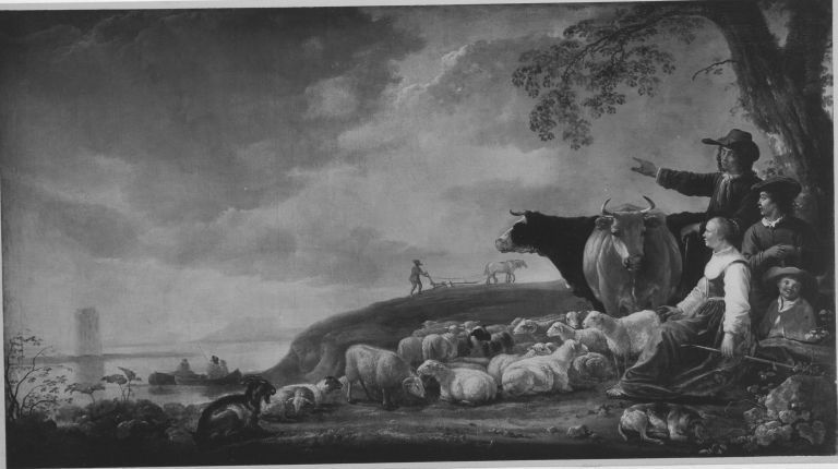 Aelbert Cuyp, Landscape with fishermen and shepherds with their cattle