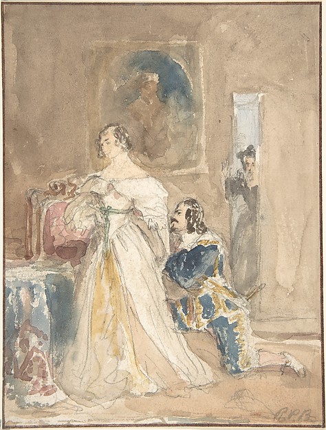 Richard Parkes Bonington, The Proposal (recto); Unfinished drawing of a horse and rider (verso)