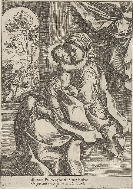 Guido Reni, The Virgin seated with the Christ Child on her lap embracing her, Joseph seen through an archway at left