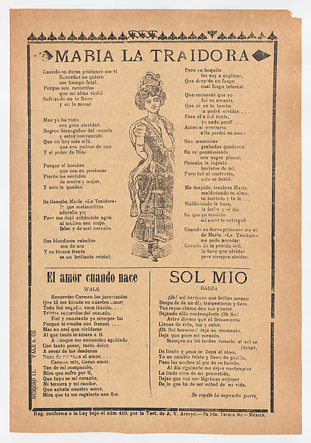 José Guadalupe Posada, Broadsheet with three ballads about love, a woman wearing a dress and hat placing one hand to her chest and the other behind her back