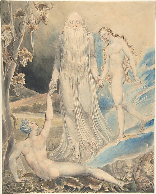 William Blake, Angel of the Divine Presence Bringing Eve to Adam (The Creation of Eve: "And She Shall be Called Woman) (recto); Sketch for the same (verso)