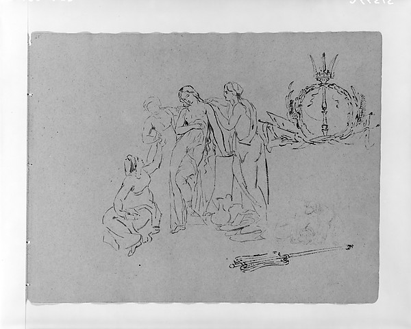 Thomas Sully, Woman Attended by Servants; Emblematic Symbol; Sceptre (from Sketchbook)