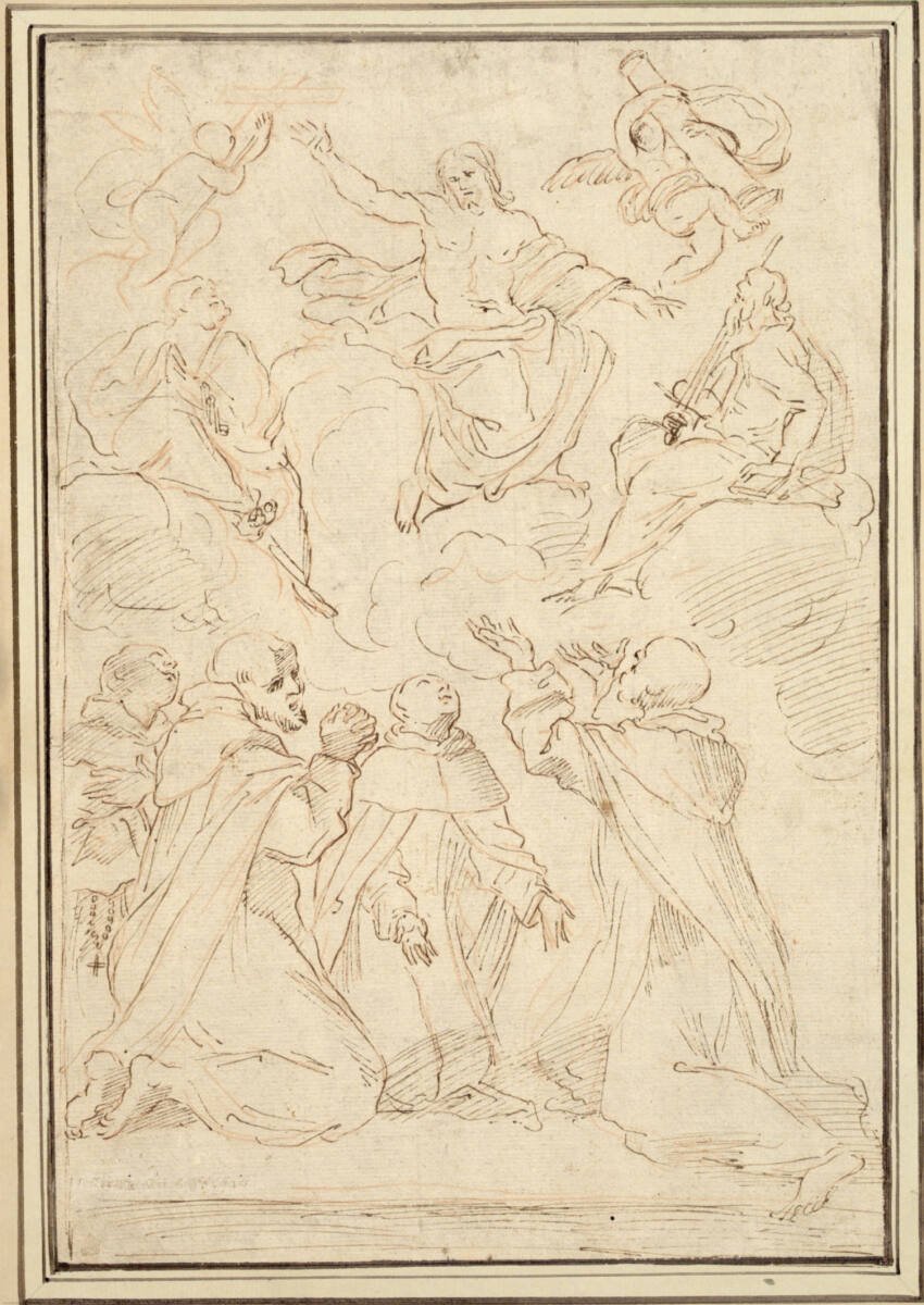 Anonym, Christus auf Wolken, neben ihm Petrus und Paulus sowie zwei Putten mit den Passionswerkzeugen. Darunter beten vier kniende Mönche die Erscheinung Christi an