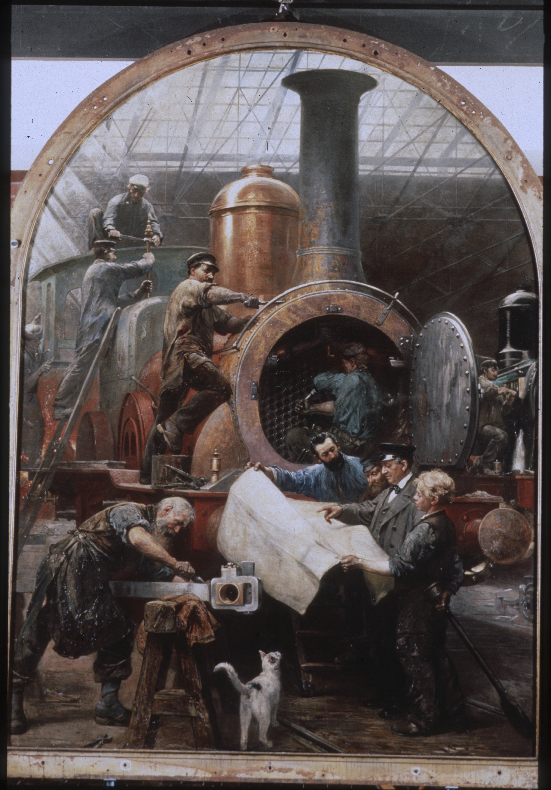 Unknown artist, Gemälde "Vollendungsarbeiten an einer Lokomotive" von 1874 von Paul Friedrich Meyerheim