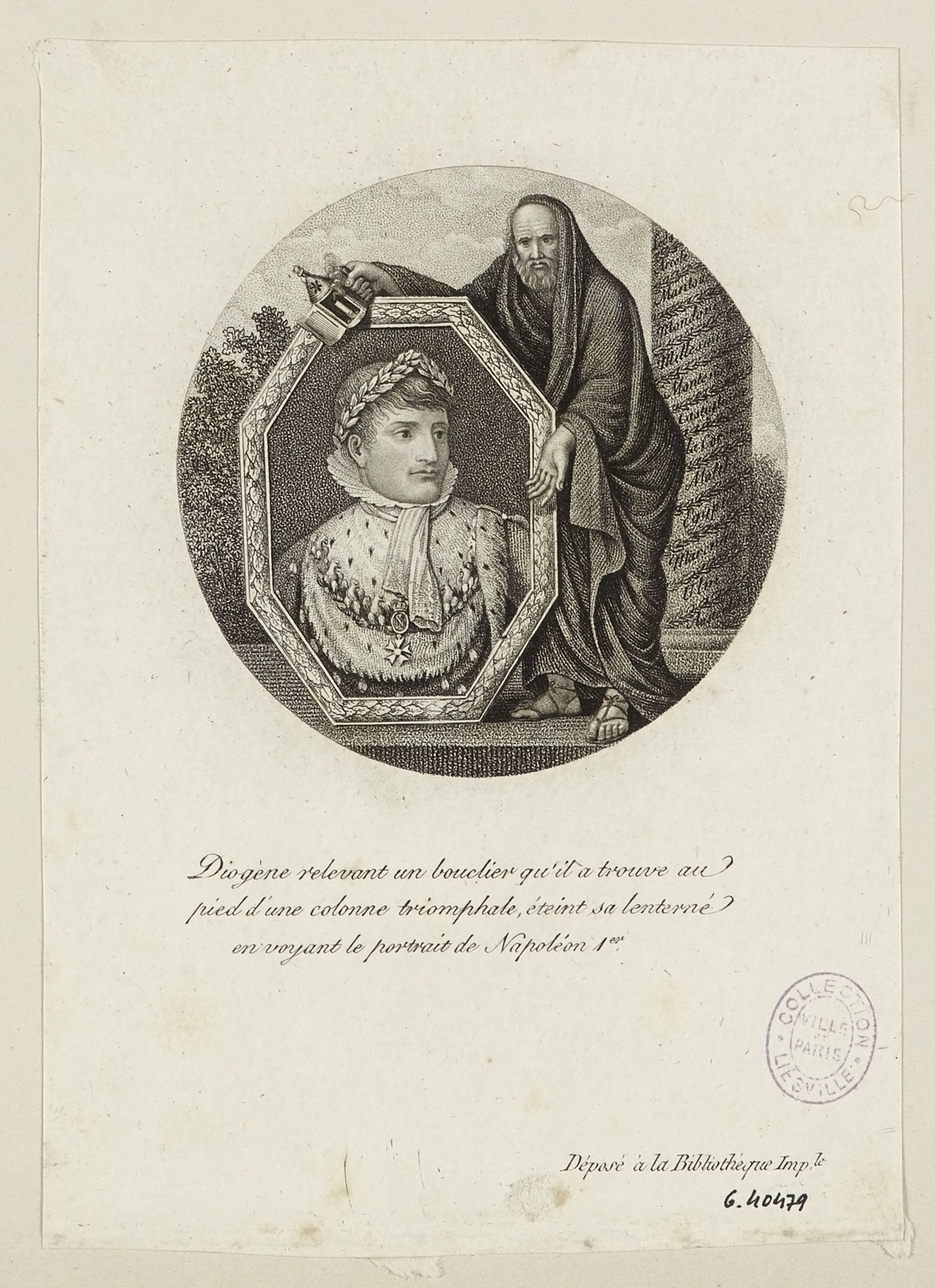 Anonyme, Diogène relevant un bouclier qu'il a trouve au / pied d'une colonne triomphale, éteint sa lanterné [sic] / en voyant le portrait de Napoléon 1er