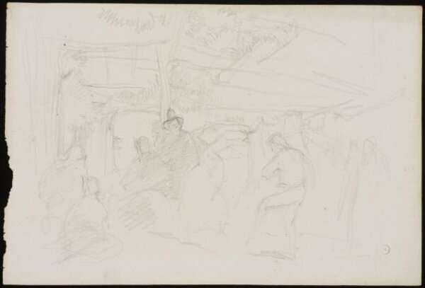 John Frederick Lewis, Rough sketch of a couple dancing under a vine-trellis, outside a Spanish wine-shop