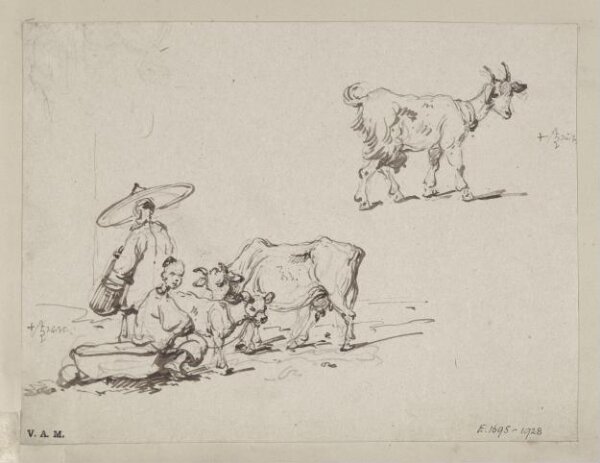 George Chinnery, Two figures with a cow and calf; and a goat