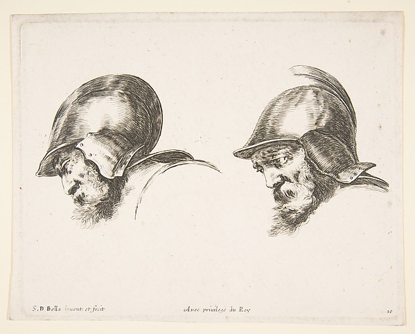 Stefano della Bella, Plate 10: two heads of old soldiers wearing helmets, both facing left and looking downwards, from "The principles of design" (I principii del disegno)