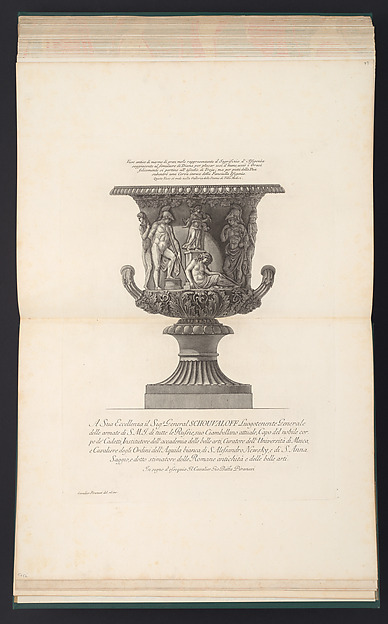 Giovanni Battista Piranesi, Large marble vase decorated with a relief of the sacrifice of Iphigenia, from "Vasi, candelabri, cippi, sarcofagi, tripodi, lucerne, ed ornamenti antichi disegnati ed incisi dal Cav. Gio. Batt. Piranesi, Vol. II" (Vases, candelabra, grave stones, sarcophagi, tripods, lamps, and ornaments designed a…