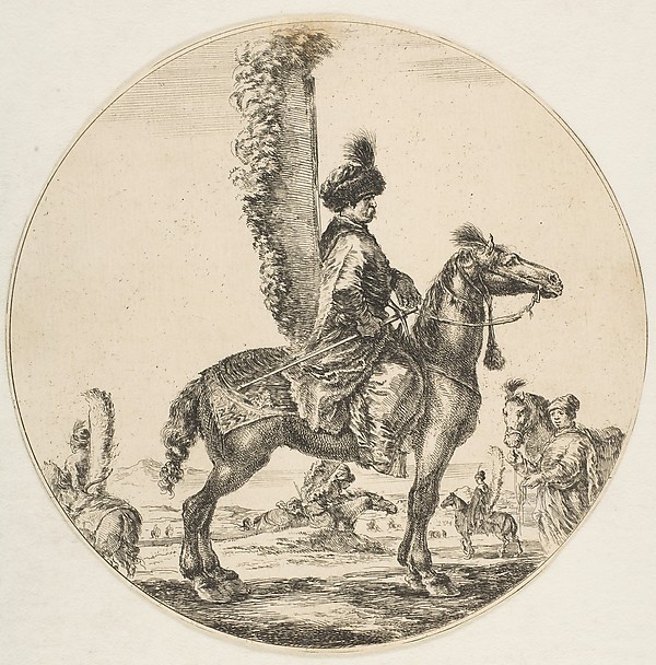 Stefano della Bella, Polish hussar in profile facing right with wings attached to his back, a circular composition, from "Figures on Horseback" (Cavaliers nègres, polonais et hongrois)
