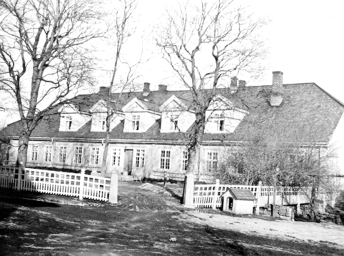 Anno Domkirkeodden, Eksteriør. Hovedbygninngen på Grefsheim, Nes, Hedmark. Trær, stakitt, hundehus. Tatt 16/3-1943.