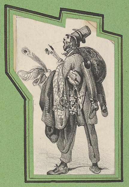 Victor Adam, Man wearing two hats and holding boots, jackets and a violin