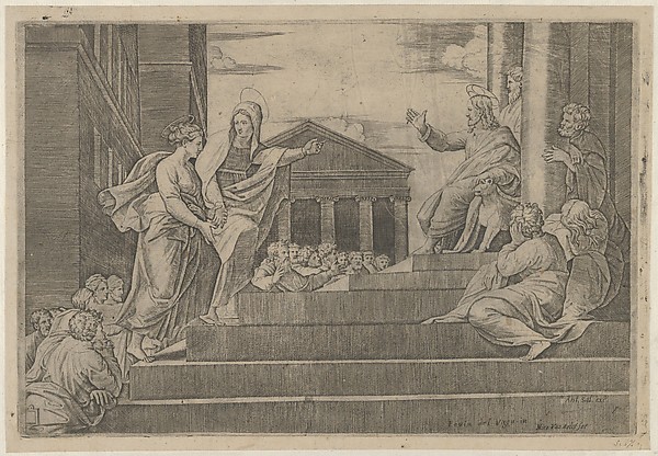 Marcantonio Raimondi, Martha leading Mary Magdalene up a flight of stairs to Christ who is seated at right at the entrance to a temple