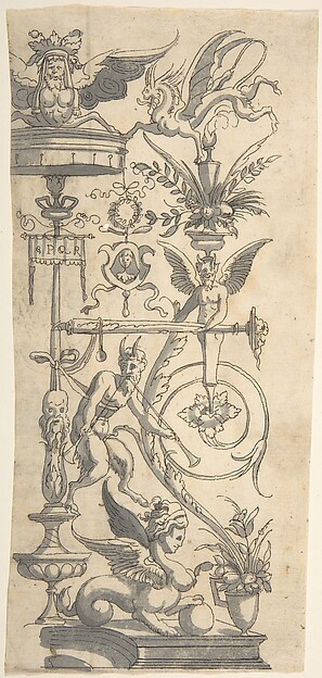 Anonymous, Italian, 16th century, Candelabra Grotesque with Satyr Playing a Double Trumpet