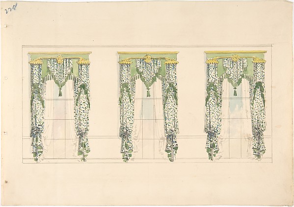 Anonymous, British, 19th century, Design for Green and White Curtains with Green Fringes and a Green and Gold Pediment