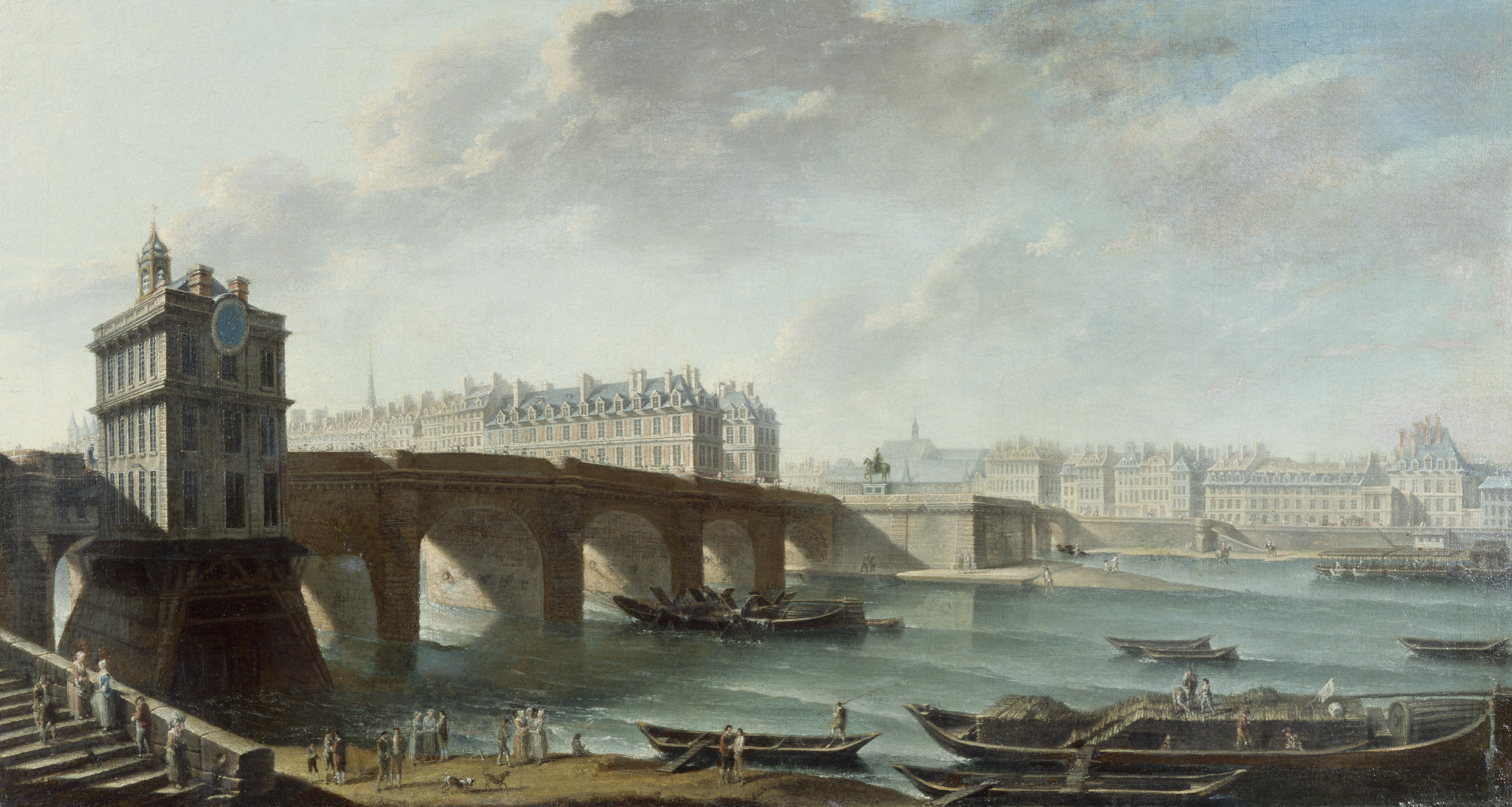 Nicolas Jean-Baptiste Raguenet, La Pompe de la Samaritaine, le Pont-Neuf et l'île de la Cité, le quai de Conti, vus du quai du Louvre